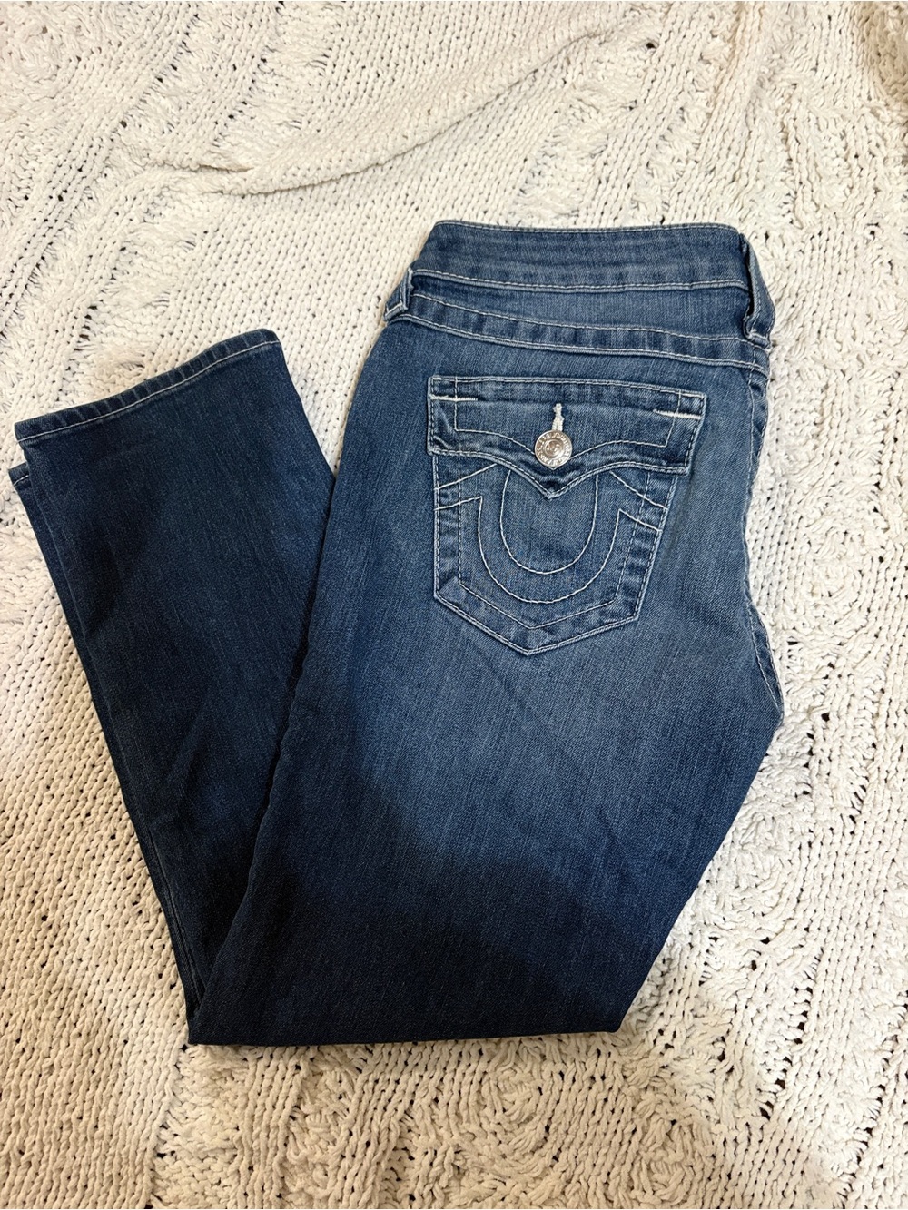 True Religion Women's Blue Boot Cut Jeans with Signature Back Pocket Capris